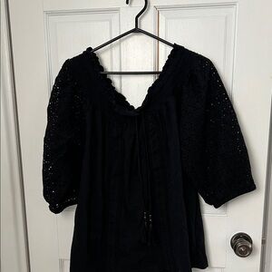 Lauren Ralph Lauren Black Crochet Sleeve Peasant Top
